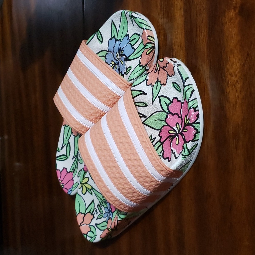 adidas Peach Striped Floral Slide Sandals